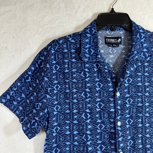 Trunks Small Button Down Shirt Short Sleeve Blue Fish Swim Beach Pool Summer - Picture 2 of 9